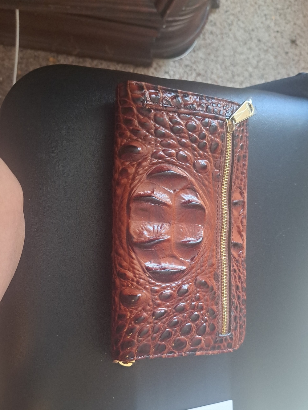 Brown Croc-Embossed Zip Wallet with Gold Plate - Picture 3 of 8
